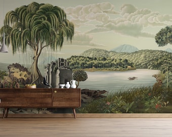 Java Forest Landscape Wallpaper, Removable Peel and Stick or Non-Woven Wallpaper Mural, Self Adhesive, Pines Wall Decor Lombok Design