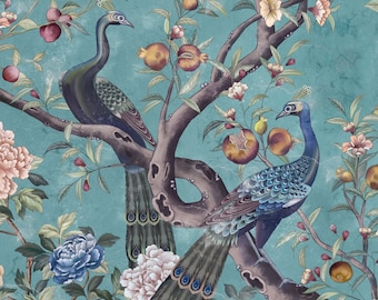 Chinoiserie Peacock Wallpaper Mural: Hand-Drawn Floral, Peel and Stick