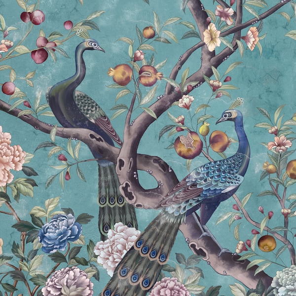 Chinoiserie Wallpaper, Peel and Stick or Non-Woven Wallpaper Mural, Handdrawn Floral Wallpaper, Self Adhesive Chinoiserie Peacock Wallpaper