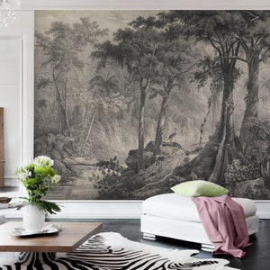 Flamingo Jungle Mural: Vintage Peel and Stick Wallpaper