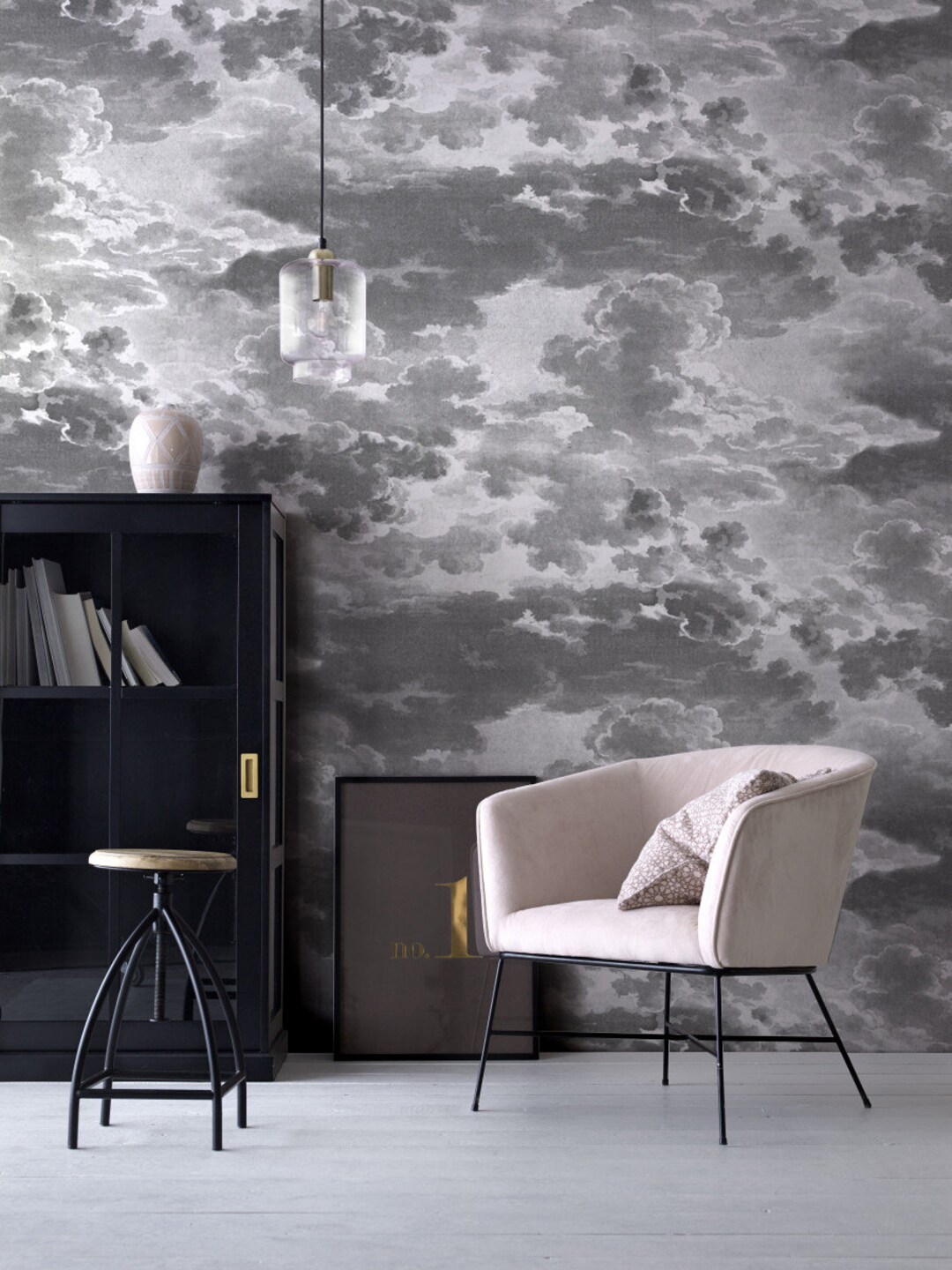 Vintage Clouds Wallpaper Mural, Dark Clouds Wallpaper, Grisaille Wall