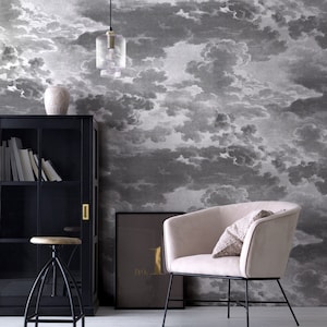 Vintage clouds wallpaper mural, dark clouds wallpaper, grisaille wall decor, self adhesive wallpaper, removable peel and stick wallpaper