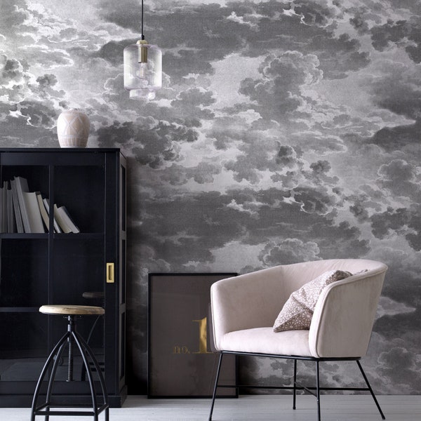 Vintage clouds wallpaper mural, dark clouds wallpaper, grisaille wall decor, self adhesive wallpaper, removable peel and stick wallpaper