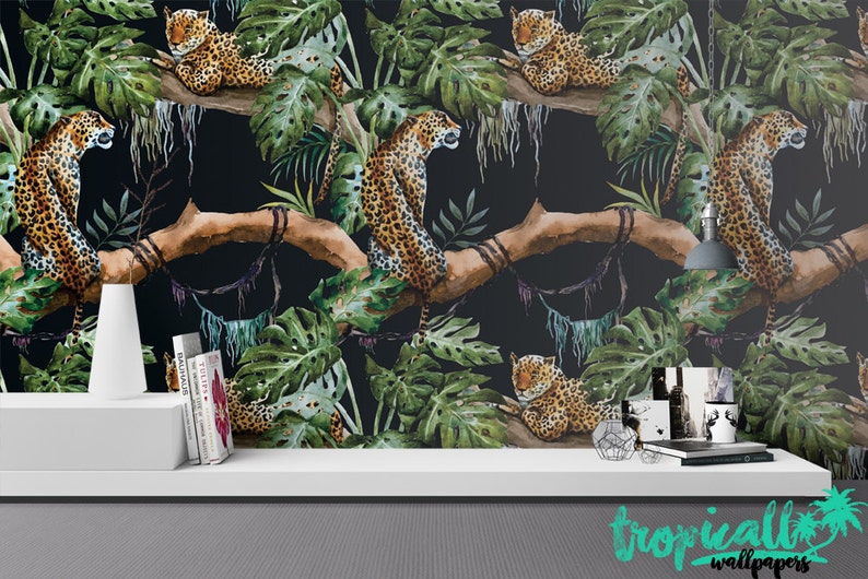 Leopard in Tree Wallpaper Removable Wallpapers Jungle Etsy