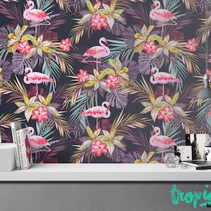 Flamingo Flowers Wallpaper - Removable Wallpapers - Flamingo Print Wallpaper - Self Adhesive Wall Decal - Temporary Peel and Stick Wall Art