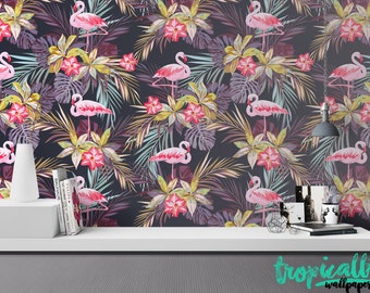 Flamingo Flowers Wallpaper - Removable Wallpapers - Flamingo Print Wallpaper - Self Adhesive Wall Decal - Temporary Peel and Stick Wall Art