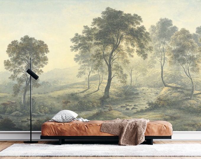 Forest Wallpaper. Removable Wallpaper. Morning Dawn Scenic Landscape. Panoramic in the Valley Wall Mural.