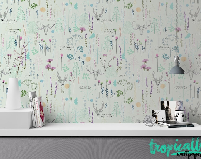 Vintage Pattern BOHO Style Wallpaper - Removable Wallpaper - Vintage Forest Wallpaper - Exotic Wall Sticker - Tropical Wallpaper