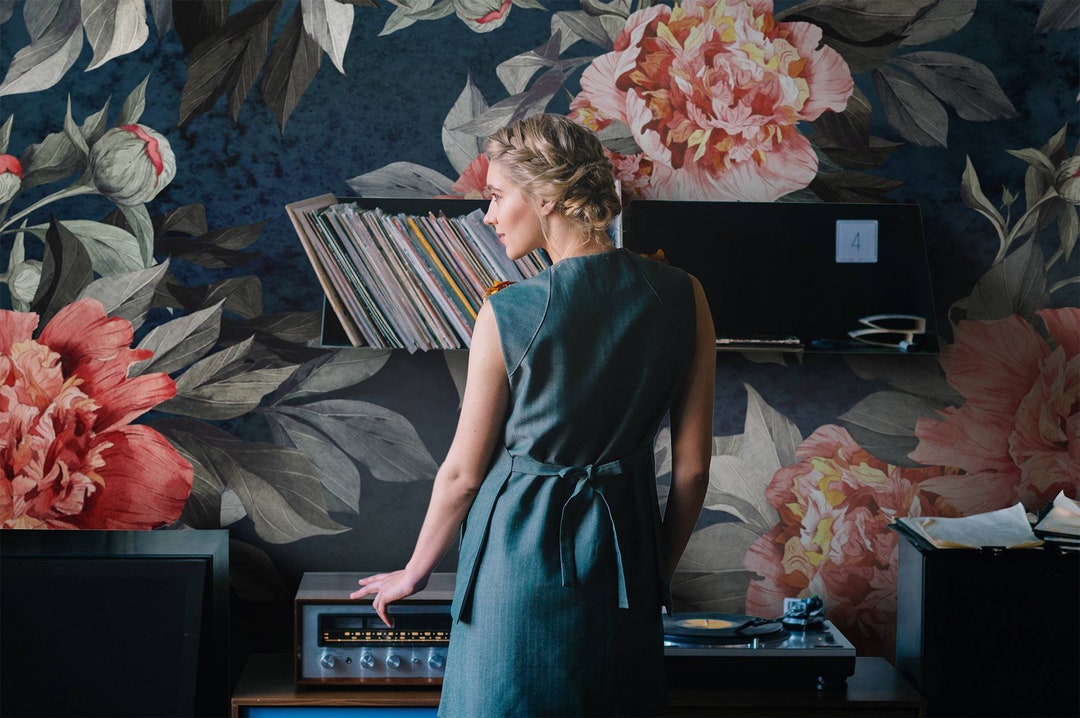 Dark Floral Peony Removable Wallpaper: Peel and Stick Mural - Etsy