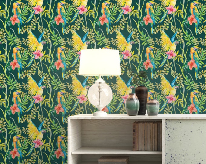 Exotic Parrot Pattern Wallpaper - Removable Wallpaper - Tropical Flower and Birds Wallpaper - Exotic Wall Sticker - Tropical Wallpaper