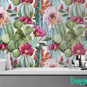 Watercolor Cactus Wallpaper - Removable Wallpapers - Floral Cactus Plant Wallpaper - Self Adhesive Wall Decal - Temporary Peel and Stick