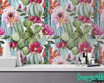 Watercolor Cactus Wallpaper - Removable Wallpapers - Floral Cactus Plant Wallpaper - Self Adhesive Wall Decal - Temporary Peel and Stick