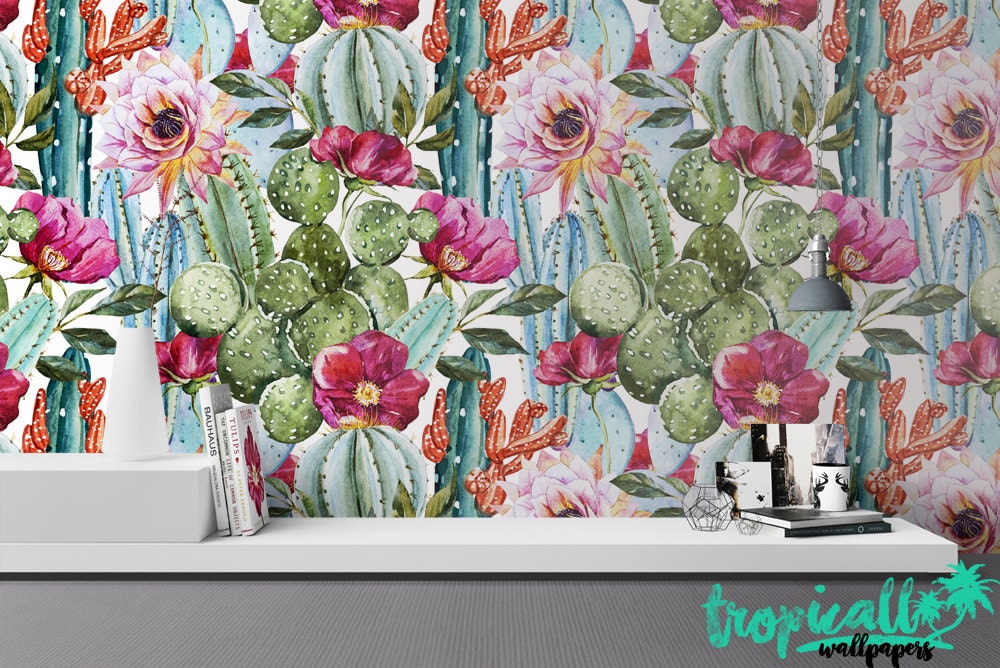 Watercolor Cactus Wallpaper Removable Wallpapers Floral | Etsy