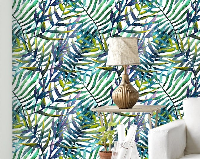 Palm Leaves Pattern Wallpaper - Removable Wallpaper - Tropical Plants and Flower Wallpaper - Exotic Wall Sticker - Tropical Wallpaper