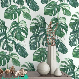 Monstera Leaves Print Wallpaper - Removable Wallpaper - Monstera Palm Leaves Wallpaper - Tropical Print - Temporary Peel and Stick Wall Art