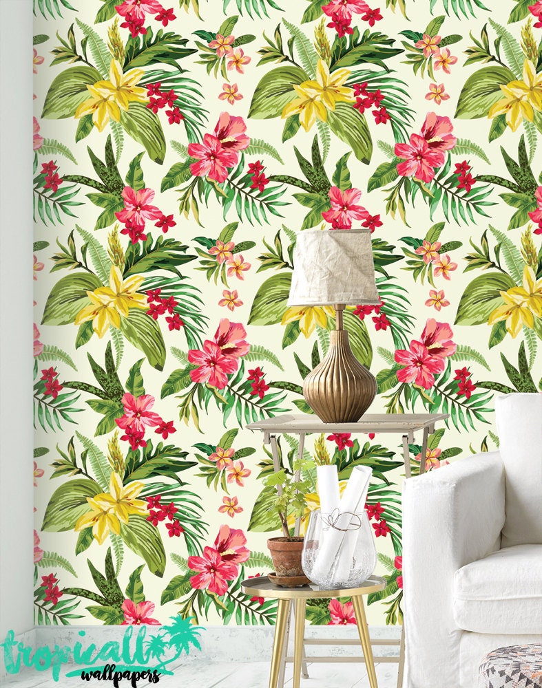 Jungle Flowers Wallpaper - Removable Wallpapers - Floral Palm Leaf
