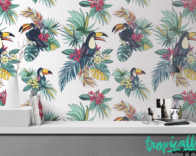 Toucan Wallpaper - Removable Wallpapers - Toucan Birds Floral Print Wallpaper - Self Adhesive Wall Decal - Temporary Peel and Stick Wall Art