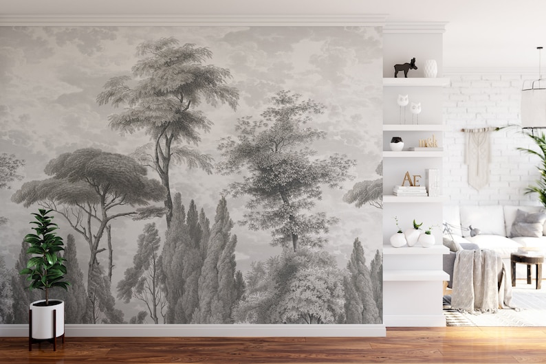 Grote boom bos behang, verwijderbare Peel en Stick muurschildering, zelfklevende eco vriendelijke bomen ontwerp, pijnbomen print, muur sticker afbeelding 1
