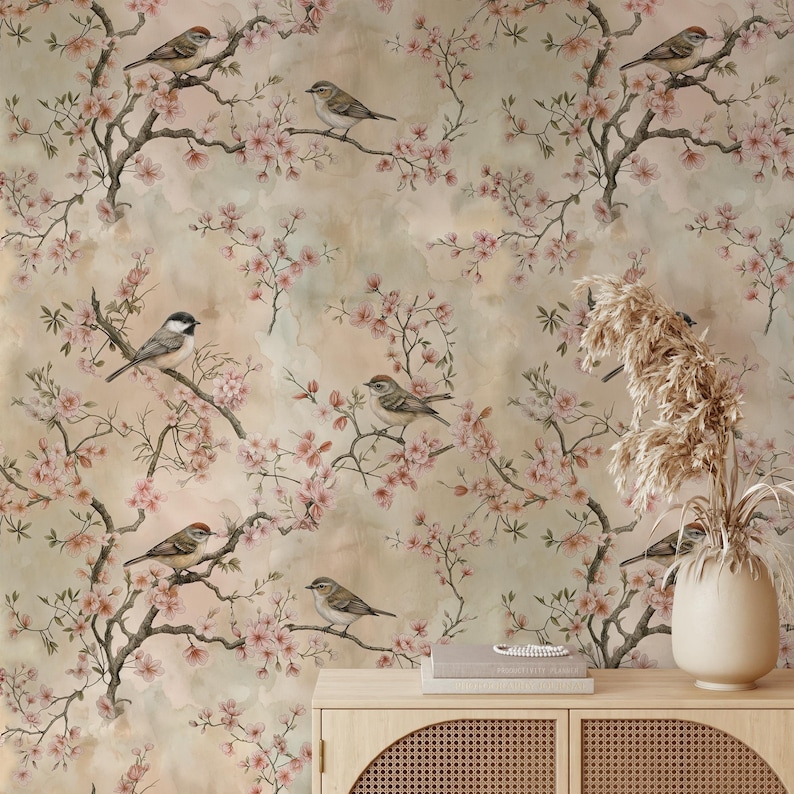 Elegant Chinoiserie Cherry Blossom Wall Mural: Soft Pastel Birds ...