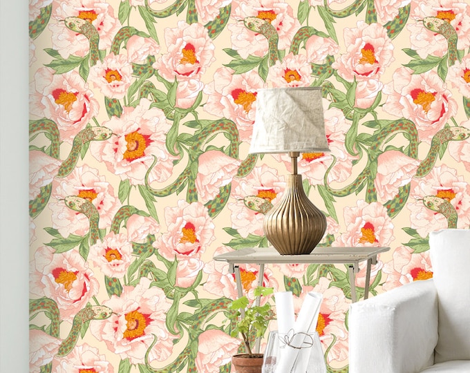 Floral Snake Wallpaper - Removable Wallpapers - Exotic Flower Print Wallpaper - Self Adhesive Wall Decal - Temporary Peel and Stick Wall Art