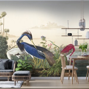 Heron Wallpaper, Crane Wallpaper, Removable Wallpaper, Peel and Stick or Traditional Wallpaper, John James Audubon Print, Tropical Wallpaper image 3
