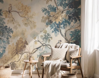 Floral Foliage with Birds Nature Art Print - Botanical Wildlife Wall Decor for Home Office