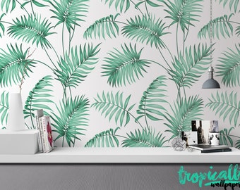 Palm Leaves Pattern Wallpaper - Removable Wallpaper - Tropical Plants and Flower Wallpaper - Exotic Wall Sticker - Tropical Wallpaper