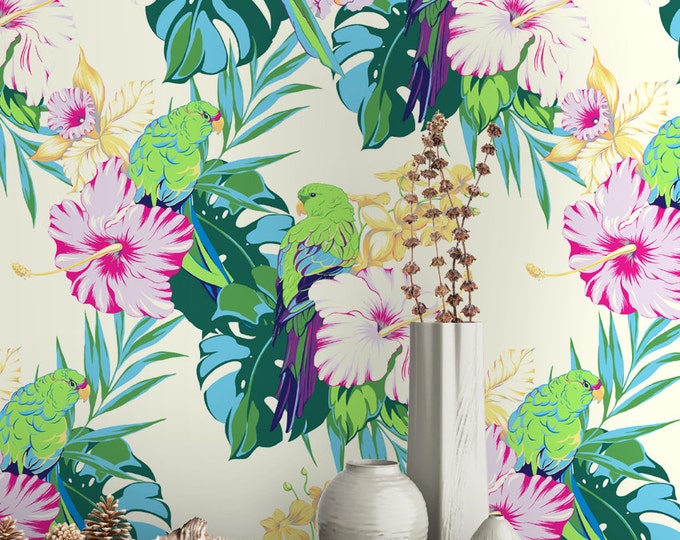 Exotic Parrot Pattern Wallpaper - Removable Wallpaper - Tropical Flower and Birds Wallpaper - Exotic Wall Sticker - Tropical Wallpaper