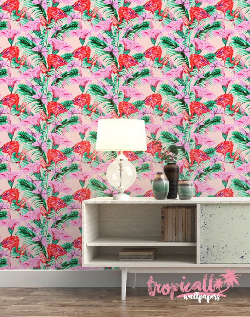 Flamingo Wallpaper Removable Wallpapers Flamingo Wall Art Etsy