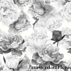 Giant Black and White Peony Removable Wallpaper Mural, Reusable Peel and Stick, Self Adhesive Dark Floral Wallpaper,Peel and Stick Wallpaper