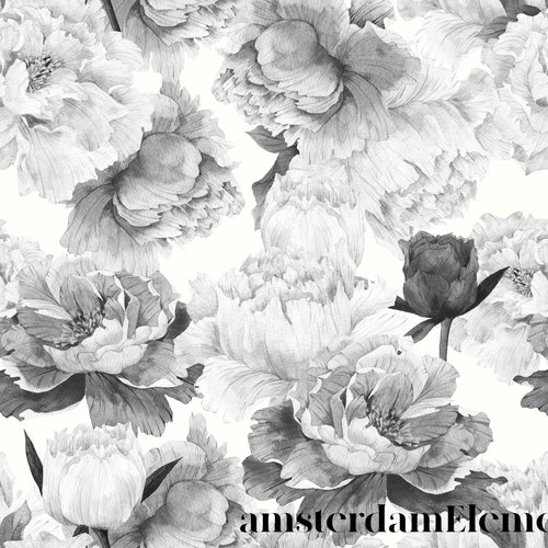 White Peony Removable Wallpaper Peonies Wall Mural Black and Etsy