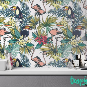 Flamingo Toucan Wallpaper - Removable Wallpapers - Flamingo Print Wallpaper - Self Adhesive Wall Decal - Temporary Peel and Stick Wall Art