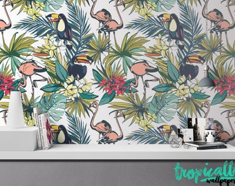 Flamingo Toucan Wallpaper - Removable Wallpapers - Flamingo Print Wallpaper - Self Adhesive Wall Decal - Temporary Peel and Stick Wall Art