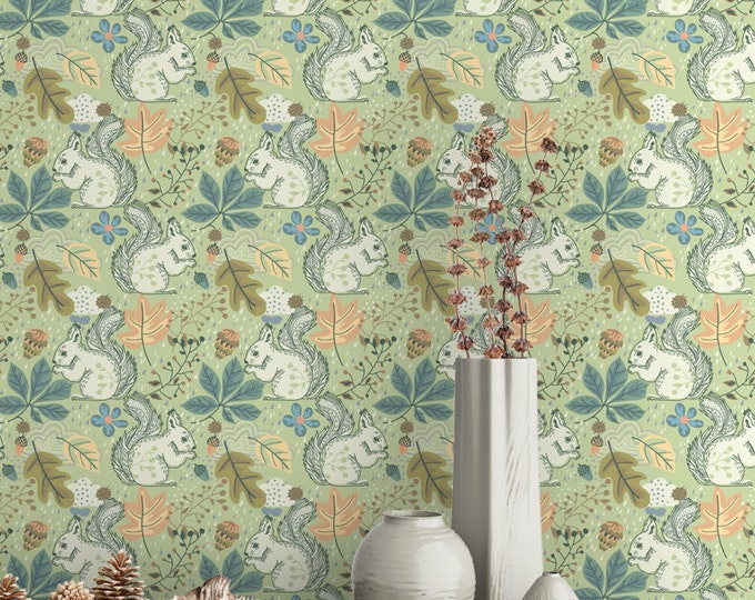 Forest Plants and Squirrel Pattern Wallpaper - Removable Wallpaper - Forest Plants Animals Wallpaper - Exotic Wall Sticker -  Forest Plants