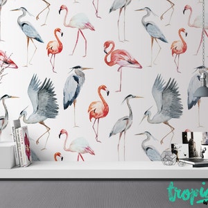 Flamingo Heron Wallpaper - Removable Wallpapers - Flamingo Print Wallpaper - Self Adhesive Wall Decal - Temporary Peel and Stick Wall Art