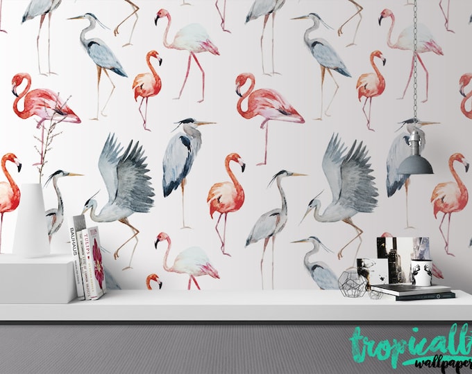 Flamingo Heron Wallpaper - Removable Wallpapers - Flamingo Print Wallpaper - Self Adhesive Wall Decal - Temporary Peel and Stick Wall Art