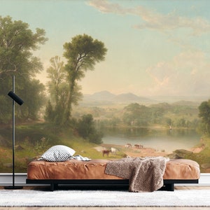 Pastoral River Valley Wall Mural, Removable Peel and Stick or Non-Woven Wallpaper, Vintage Panoramic River Landscape Painting, Scenic Mural