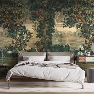 Papier peint de tapisserie médiévale, décoration murale de verdure vintage, conception de forêt pittoresque, ancien château, papier peint amovible autocollant ou papier peint ordinaire