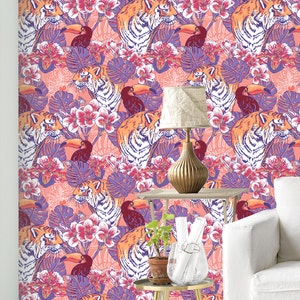 Tiger and Toucan Wallpaper - Removable Wallpapers - Floral Monstera Wallpaper - Self Adhesive Wall Decal - Temporary Peel and Stick Wall Art