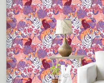 Tiger and Toucan Wallpaper - Removable Wallpapers - Floral Monstera Wallpaper - Self Adhesive Wall Decal - Temporary Peel and Stick Wall Art