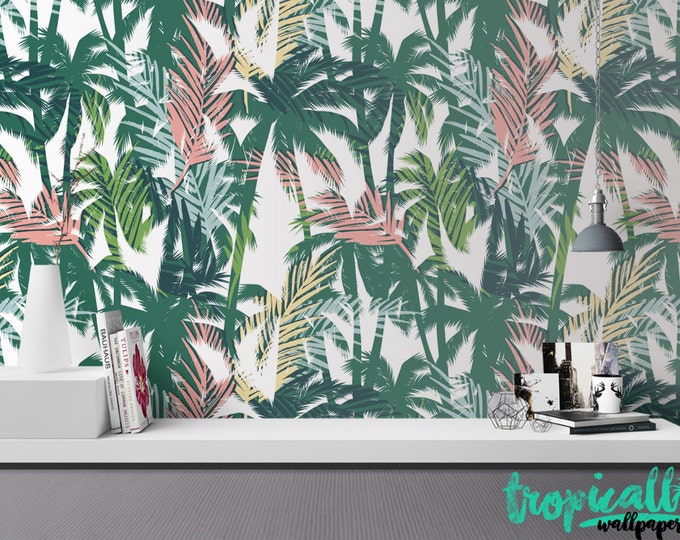 Palm Tree Pattern Wallpaper - Removable Wallpaper - Tropical Plants and Flower Wallpaper - Exotic Wall Sticker - Tropical Wallpaper