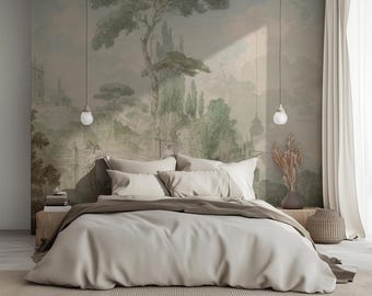 Roman Villa Watercolor Wallpaper - Vintage Garden Drawing with Fountain Trees Classical Architecture Art