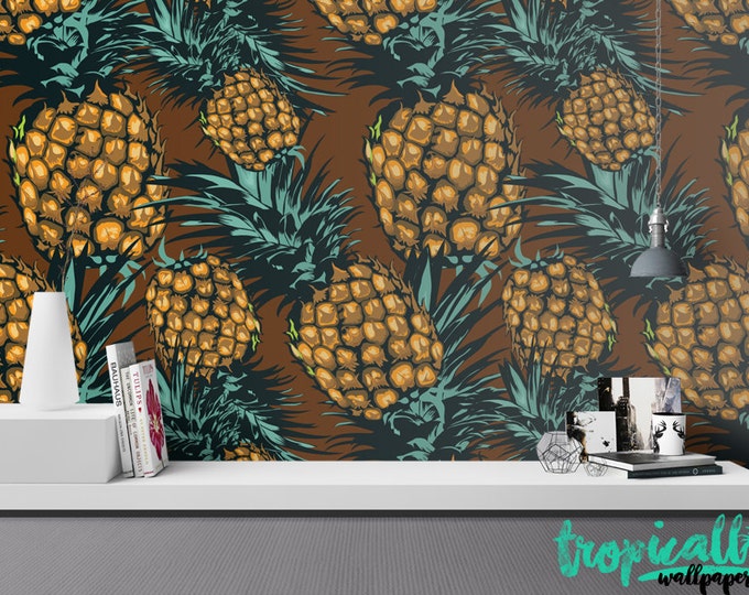 Pineapple Fruit Leaves Wallpaper - Removable Wallpaper - Tropical Plants and Flower Wallpaper - Exotic Wall Sticker - Tropical Wallpaper