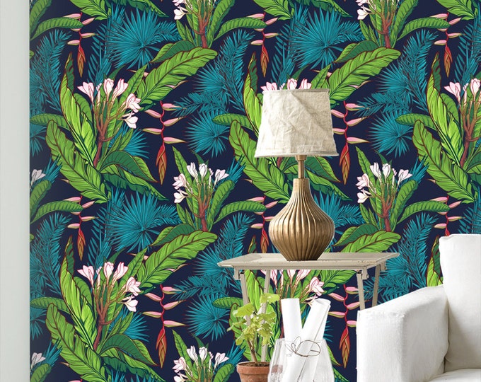 Tropical Jungle Leaf and Bird Wallpaper - Removable Wallpaper - Exotic Jungle Plants Wallpaper - Exotic Wall Sticker - Tropical Wallpaper