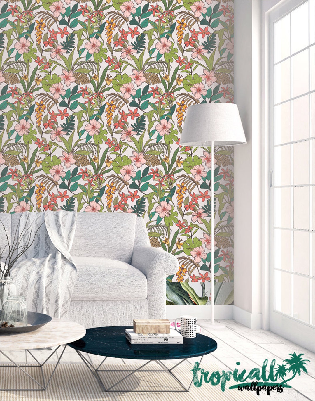 Tropical Leaves Peel and Stick Wallpaper: Exotic Floral Wall Decor - Etsy