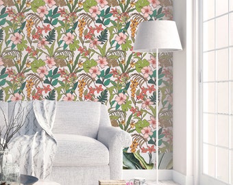 Tropical Leaves Pattern Wallpaper - Removable Wallpaper - Tropical Plants and Flower Wallpaper - Exotic Wall Sticker - Tropical Wallpaper