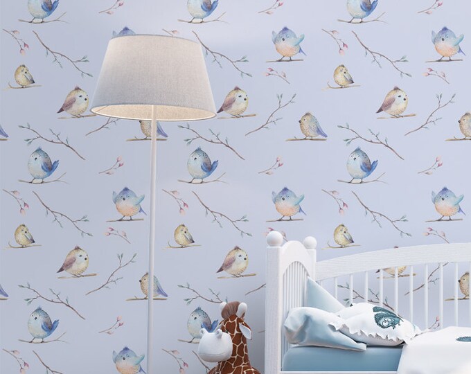 Watercolor Birds Wallpaper - Removable Wallpapers - Nursery Decor Wall Art  - Self Adhesive Wall Decal - Temporary Peel and Stick Wall Art