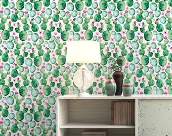 Watercolor Cactus and Flower Pattern Wallpaper - Removable Wallpaper - Watercolor Cacti Wallpaper - Exotic Wall Sticker - Tropical Wallpaper