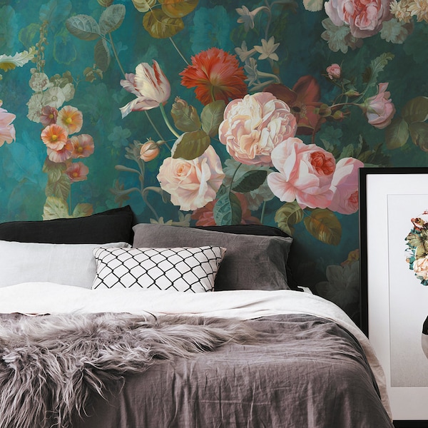 Dark Floral Mural - Floral Wallpaper - Dark Flowers Peony Wallpaper - Dark Floral Rose wallpaper - Removable Wallpaper - Tropical Wallpaper