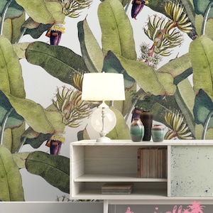 Papier peint feuille de banane - Papier peint non tissé - Papier peint imprimé banane florale - Autocollant mural auto-adhésif - Art mural autocollant temporaire